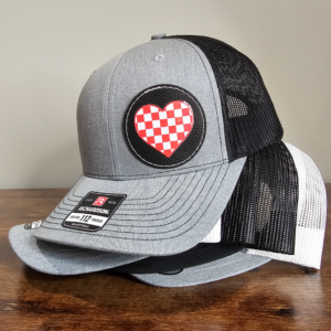 Red Checkered Heart Leather Patch Trucker Cap